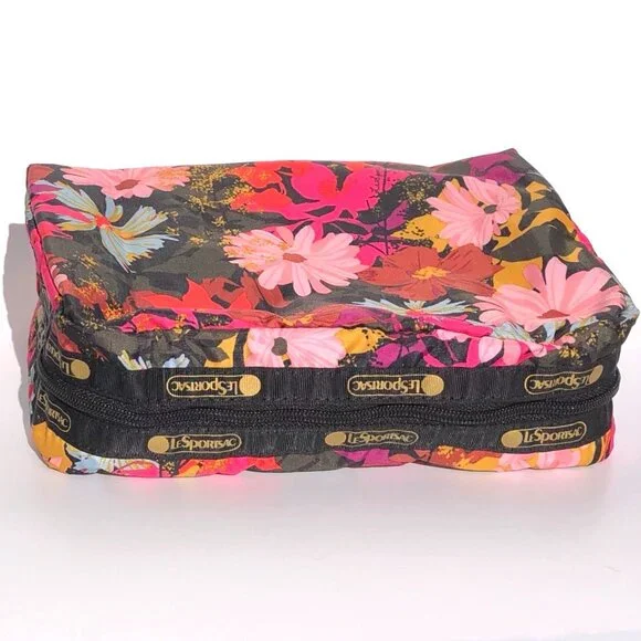 LeSportsac Rectangular Cosmetic Case black pink floral print travel domed zip - Picture 8 of 13